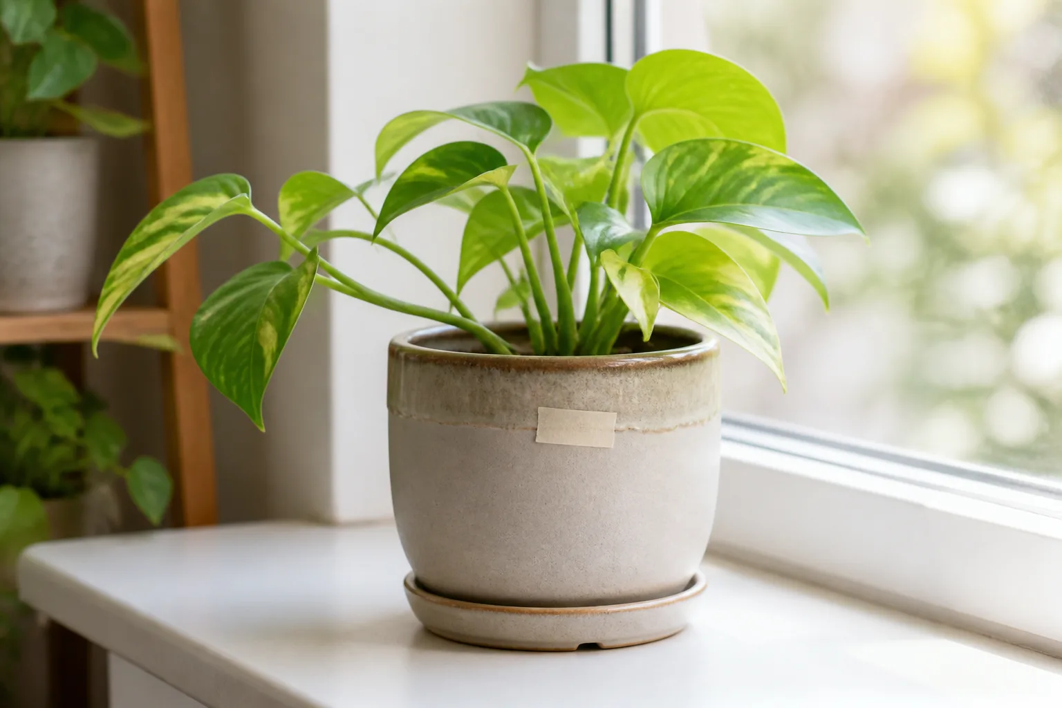 Rotating a houseplant pot a quarter turn each watering for even growth toward the window