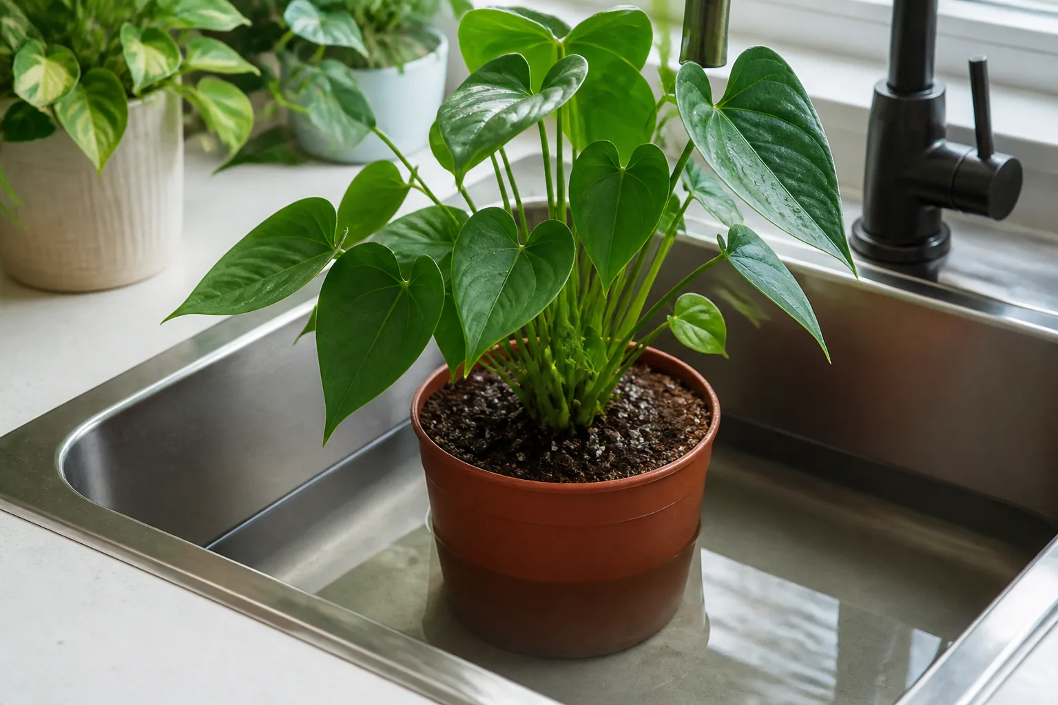 Houseplant pot bottom-soaking in a sink with water to rehydrate hydrophobic potting mix