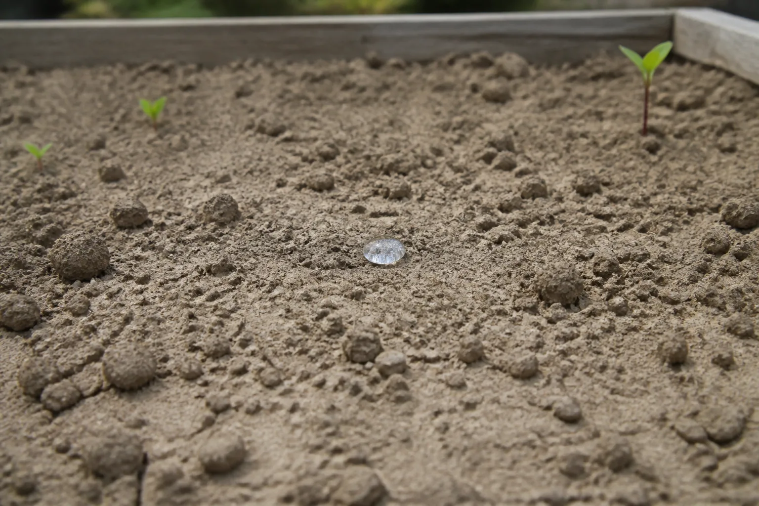 Single water droplet sitting unchanged on pale dry garden soil during a hydrophobic soil test