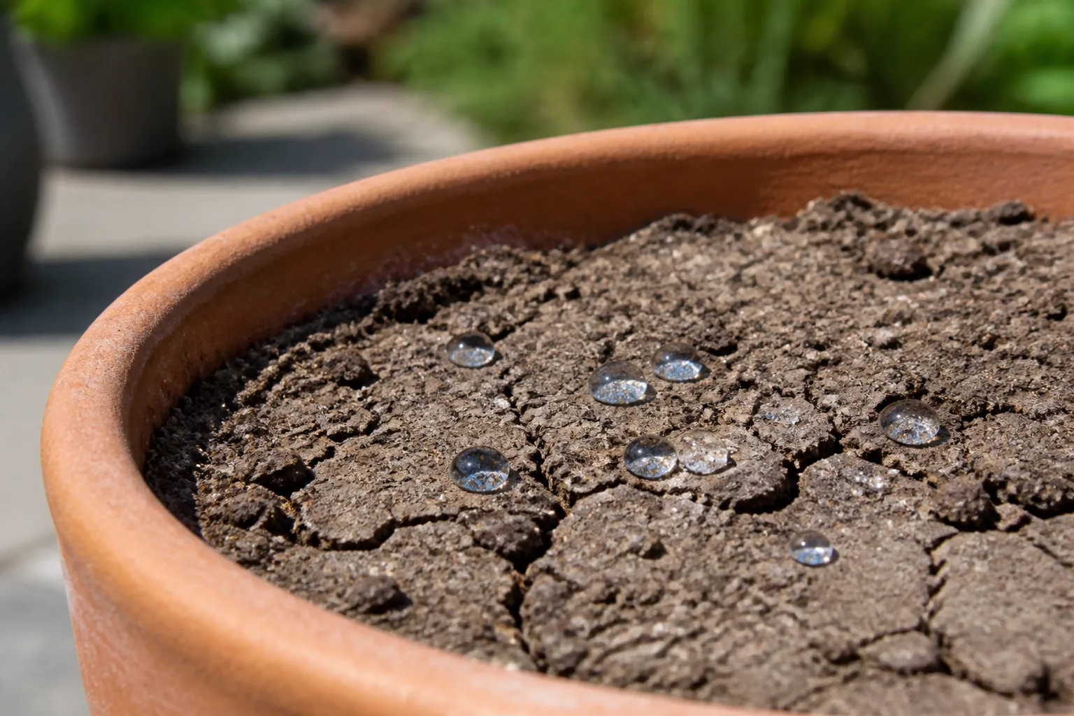 Water beading on dry cracked potting soil in a container instead of soaking in