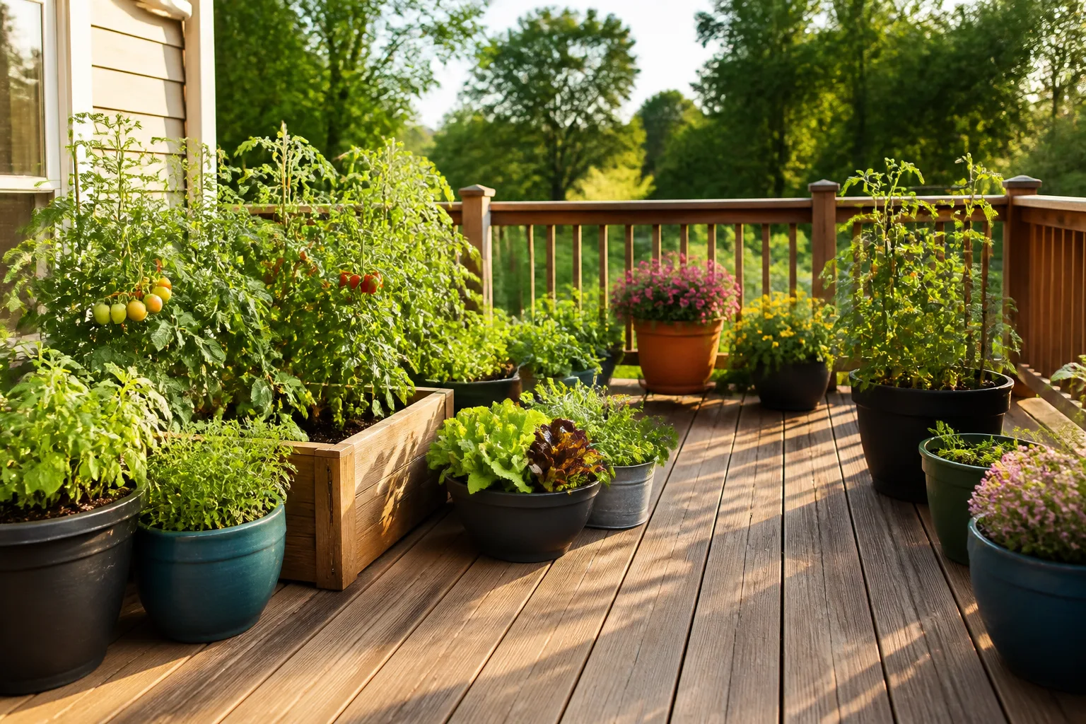 Potted herbs and vegetables arranged on a sunny apartment balcony railing