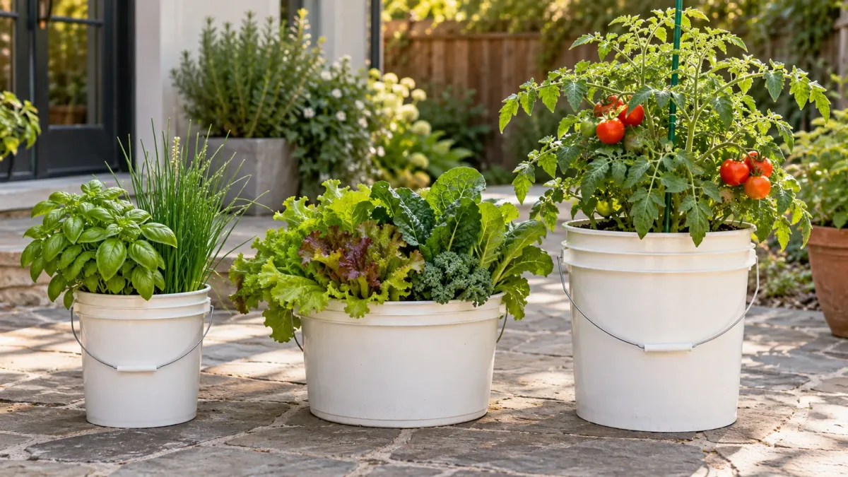 Small herb and greens buckets beside one five-gallon bucket with a compact tomato plant
