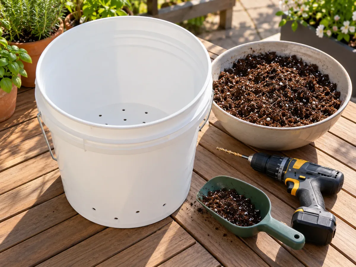A clean bucket with drainage holes, potting mix, and a drill ready for planting