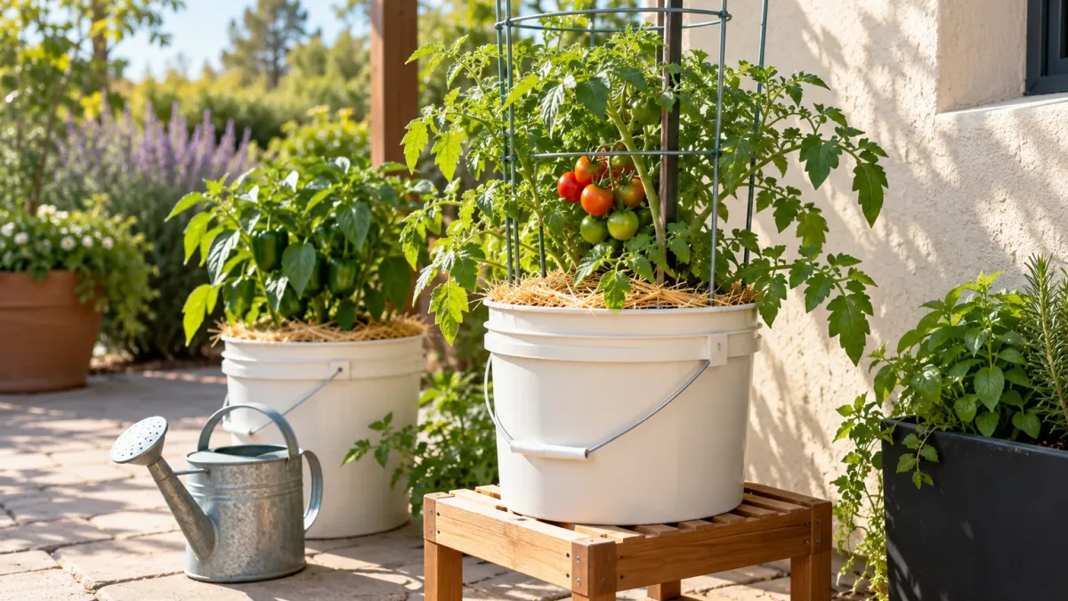 A mulched bucket tomato stands on a stable slatted base in a sheltered patio spot