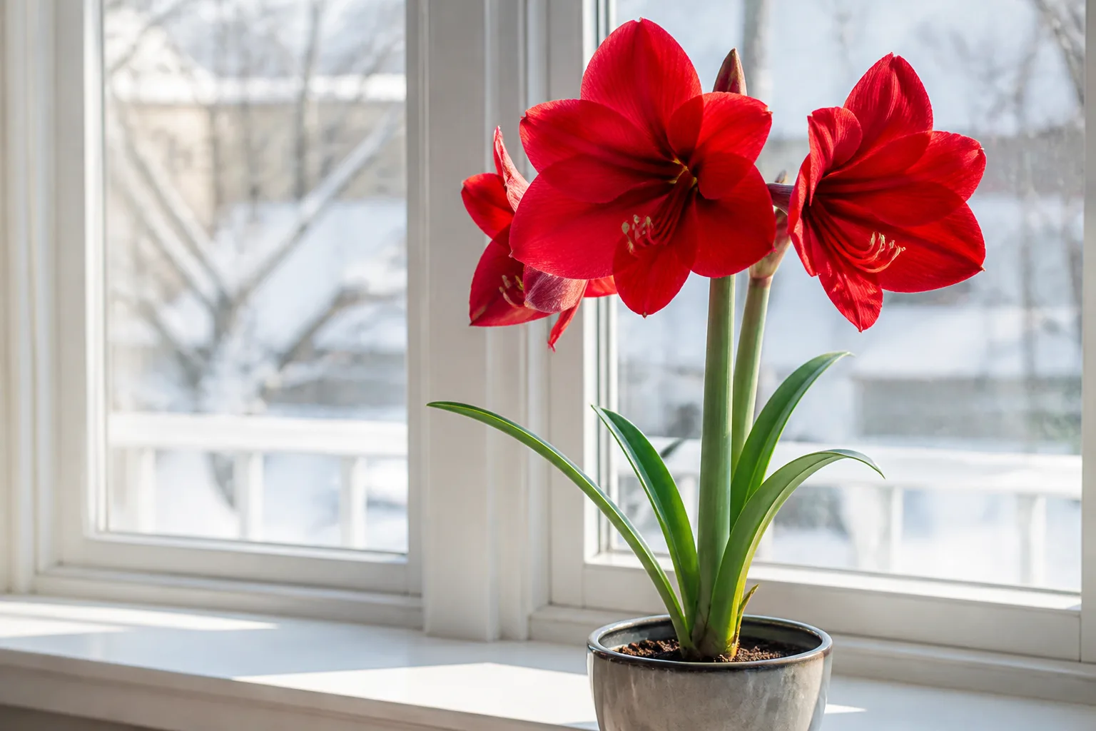 Red Hippeastrum amaryllis trumpet flowers blooming on a tall stalk in a ceramic pot on a bright winter windowsill