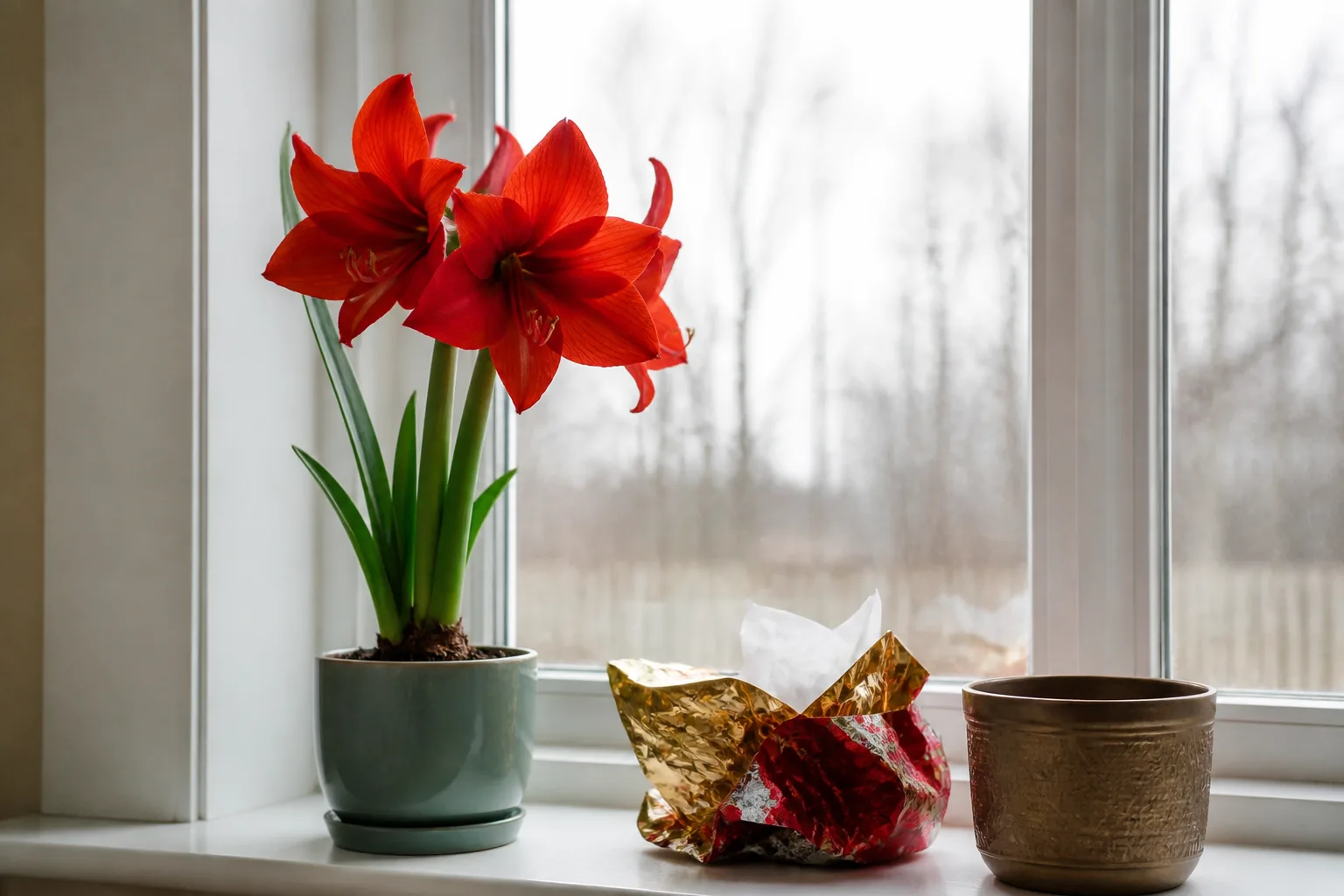 Potted Hippeastrum amaryllis beside discarded holiday gift plant packaging on a windowsill