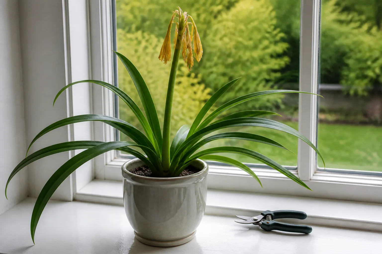 Potted amaryllis with fading flower stalk and long green strap leaves after blooms wilt
