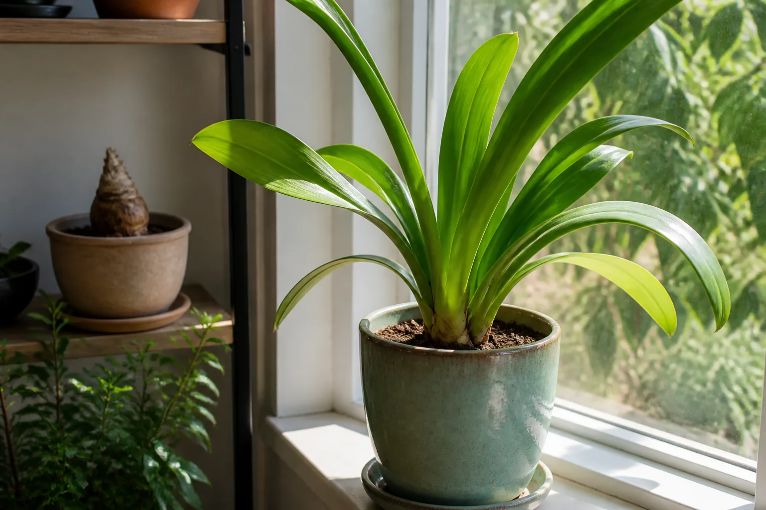 Potted amaryllis with green leaves in summer sunlight beside a dormant bulb in dry storage