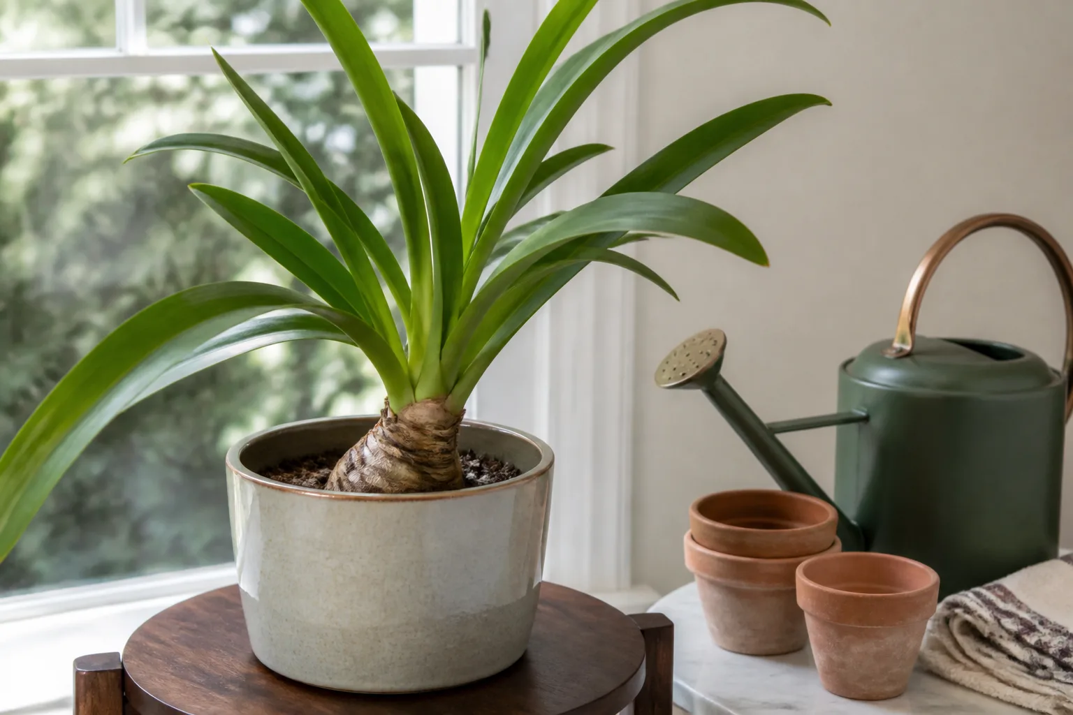 Large healthy Hippeastrum amaryllis bulb with green strap leaves in a ceramic pot after flowers fade
