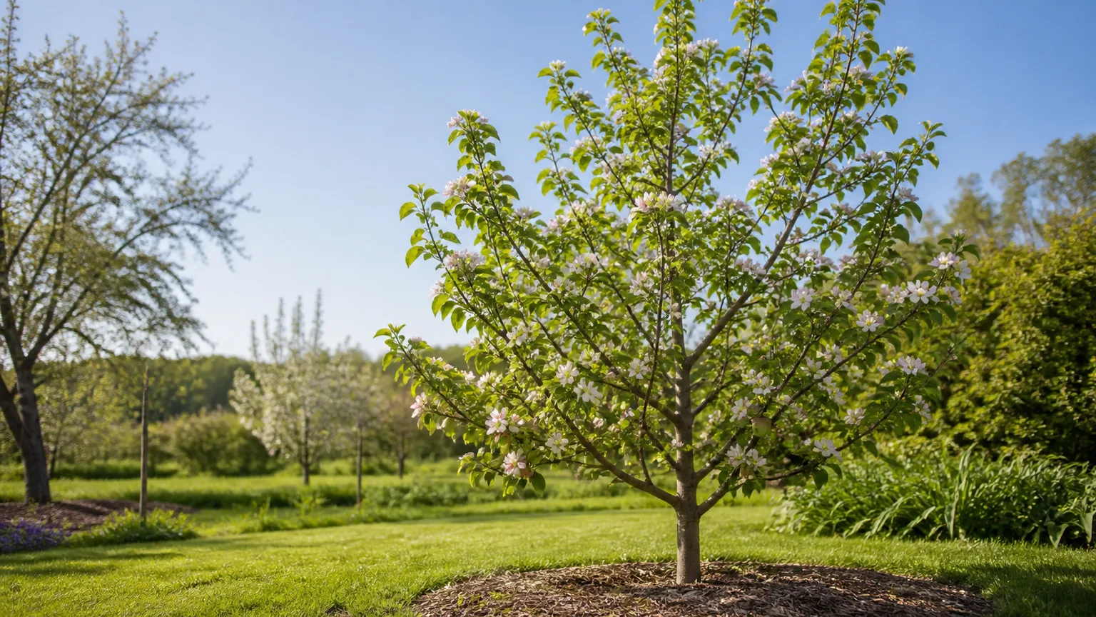 Healthy apple tree in spring bloom with a sunny, open canopy and mulched root zone