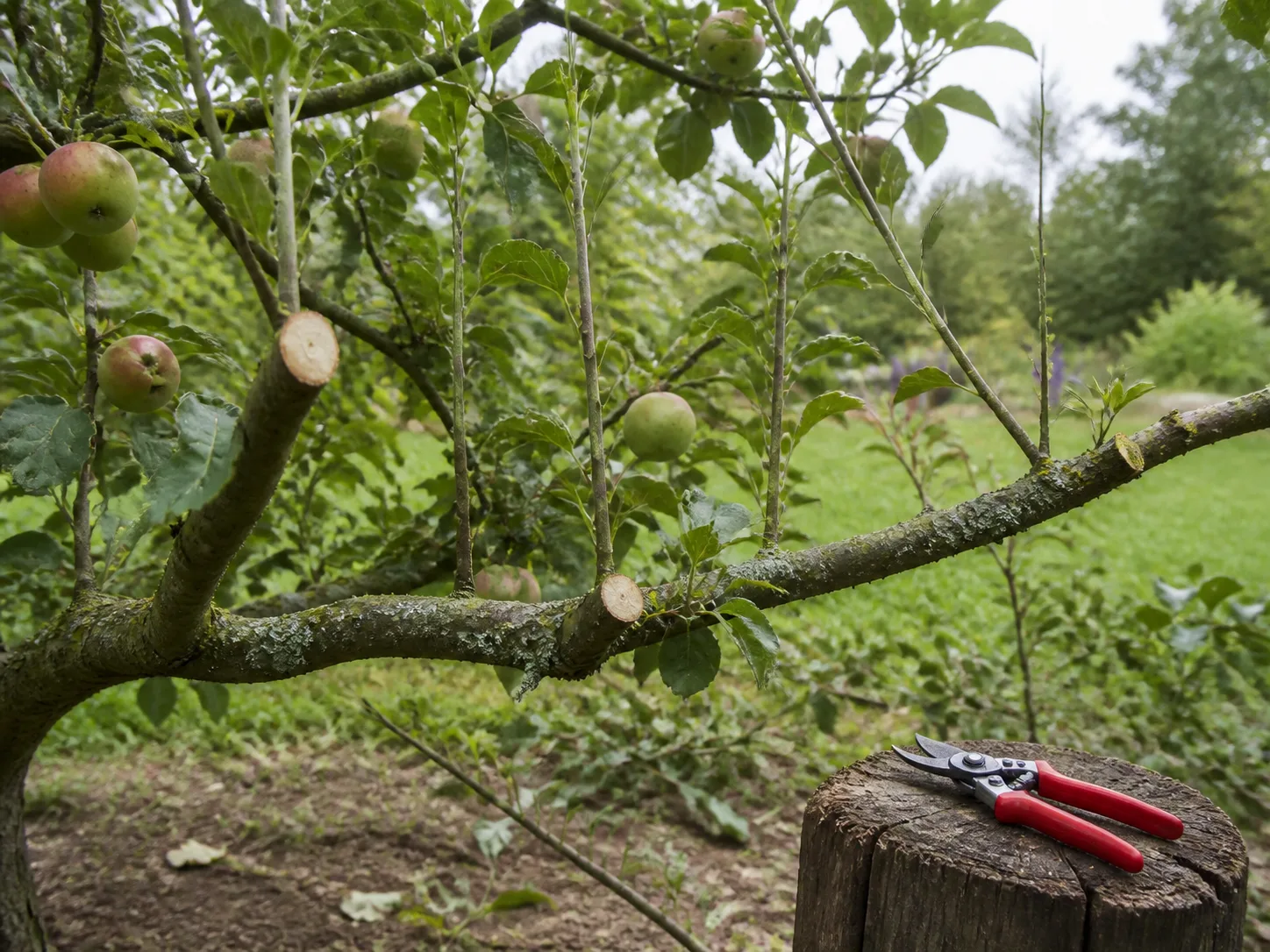 Clean pruning cuts opening the canopy of an apple tree, with a sharp bypass pruner and removed water sprouts nearby