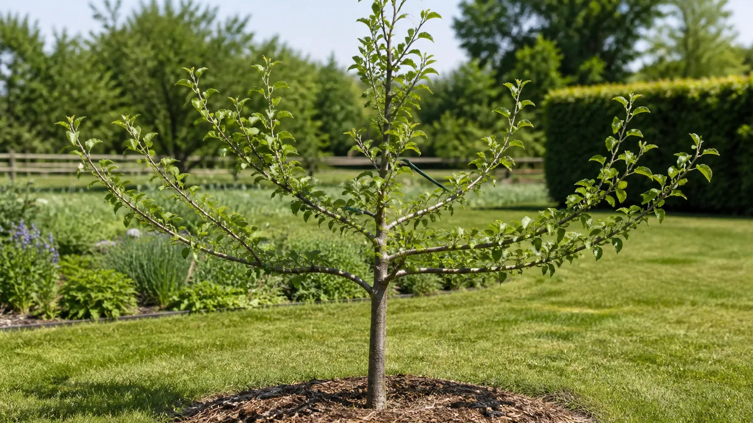 A young apple tree trained to a central leader with wide, evenly spaced scaffold branches in an open garden
