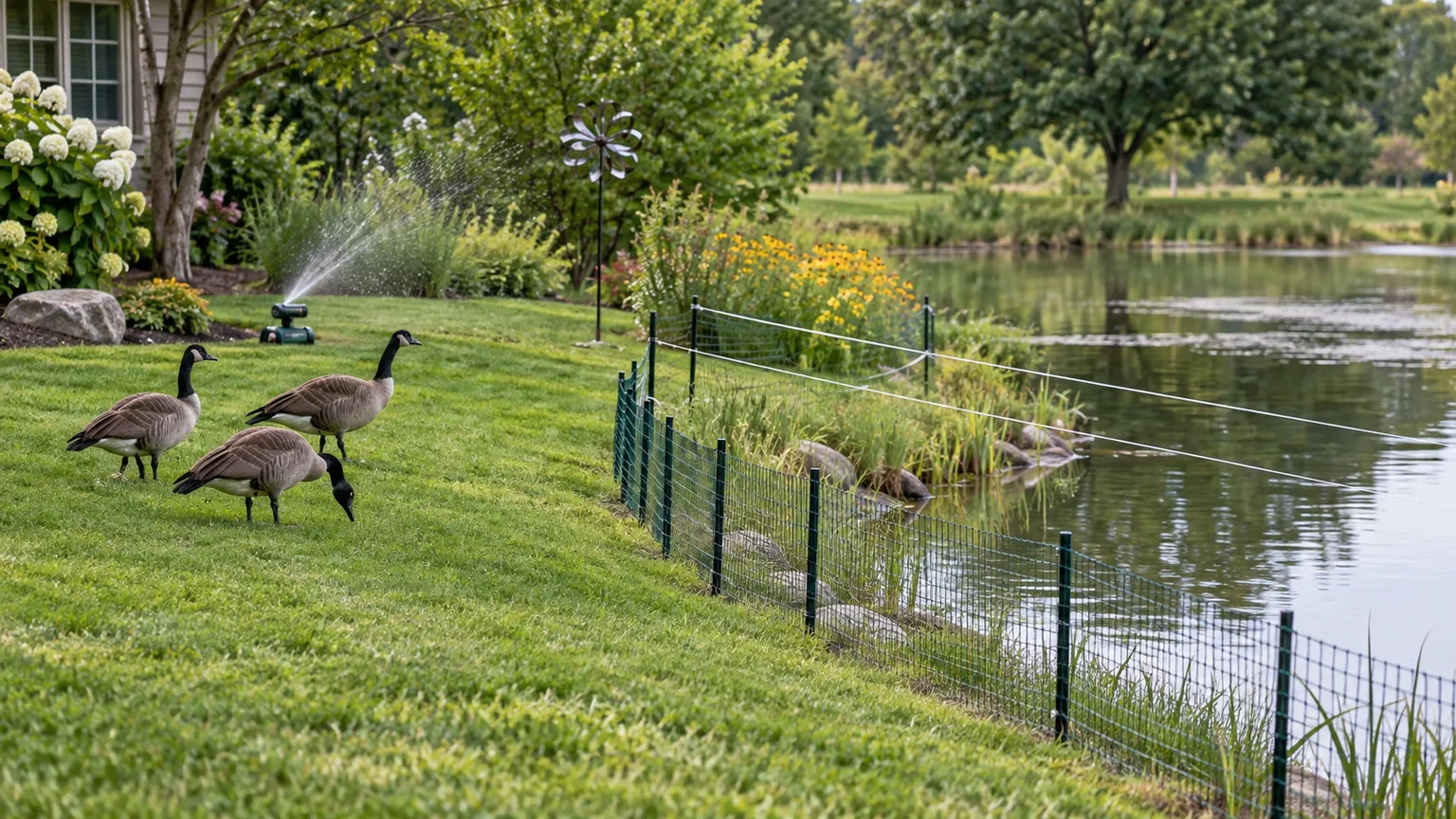 Low mesh fencing and overhead lines interrupt a goose route along a pond-edge lawn