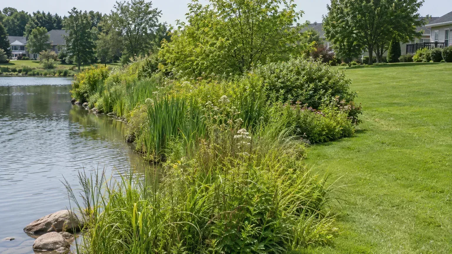 A dense native planting buffer separates a suburban lawn from a pond edge