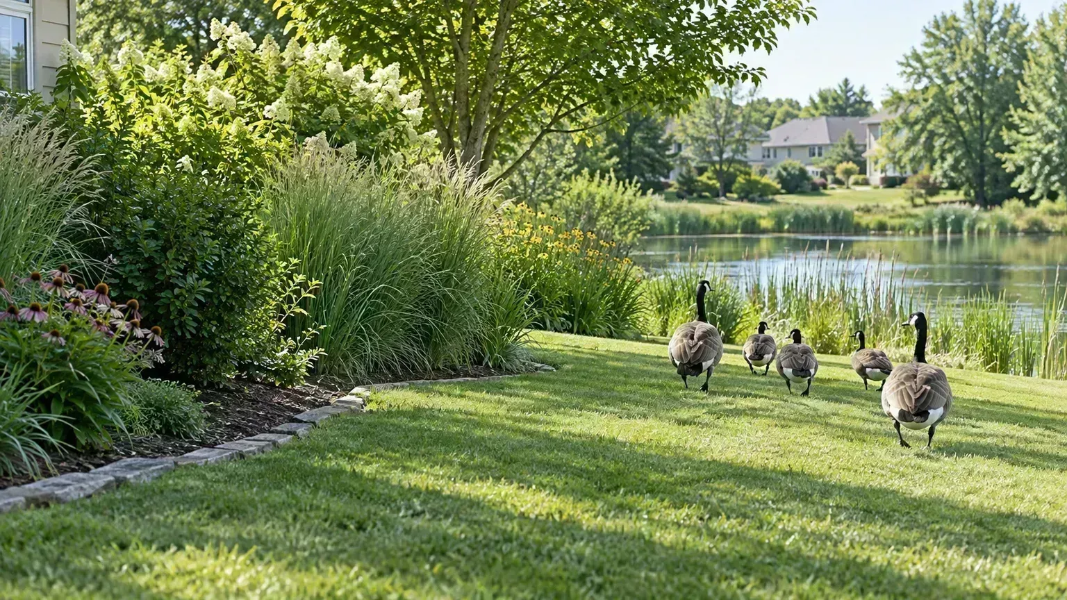Canada geese moving away from a suburban lawn beside a planted pond edge