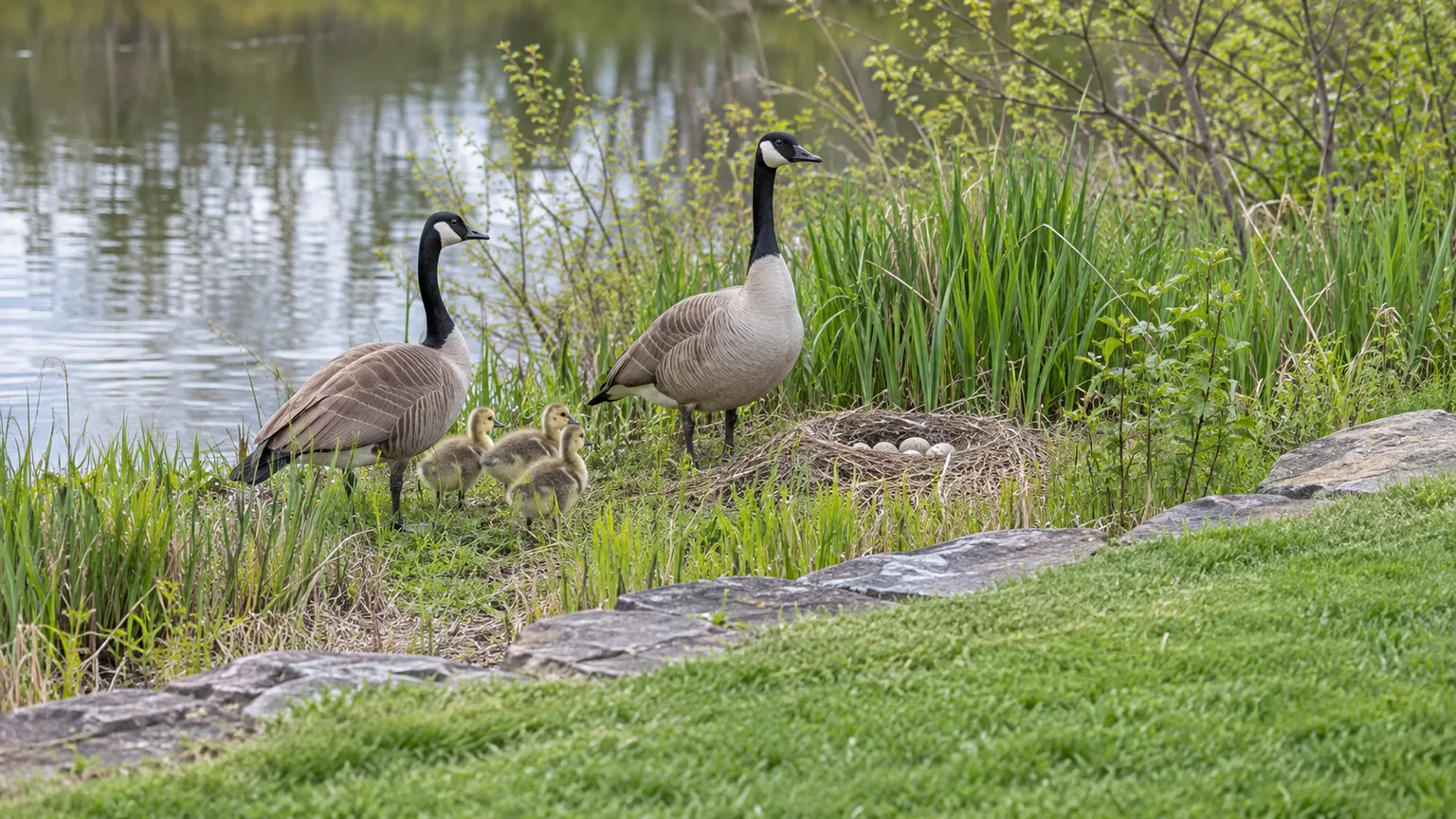 A Canada goose family stays at a pond-edge nest while a clear buffer separates it from the lawn path