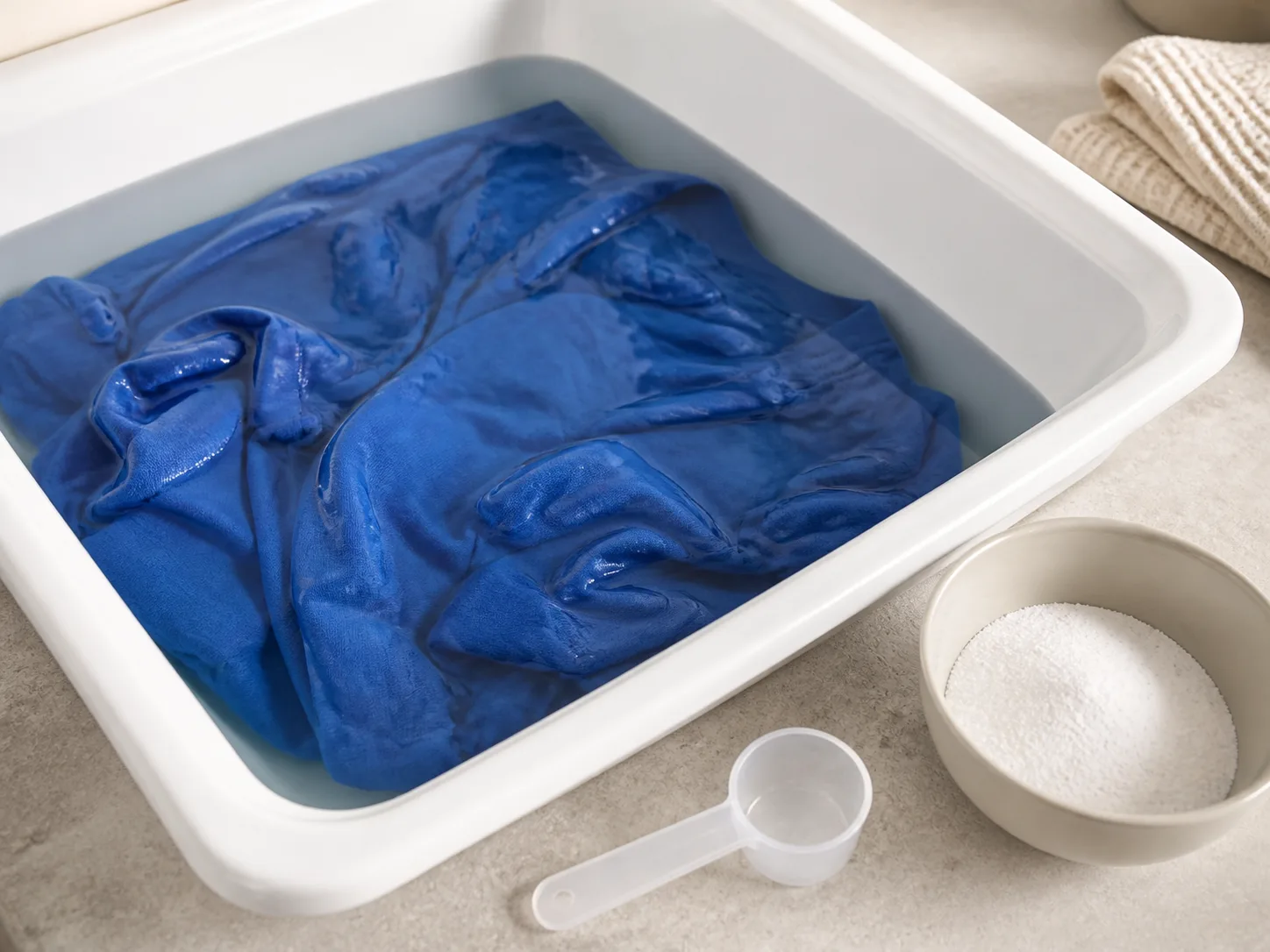 A washable colored garment soaking in an oxygen-bleach solution in a clean basin, with the fabric fully submerged