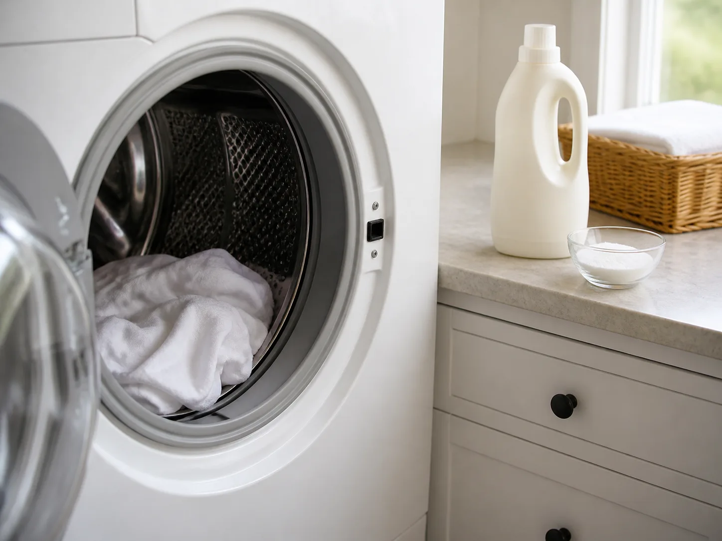 A front-loading washing machine with a separated garment, detergent, and laundry treatment arranged for a mold-cleanup wash