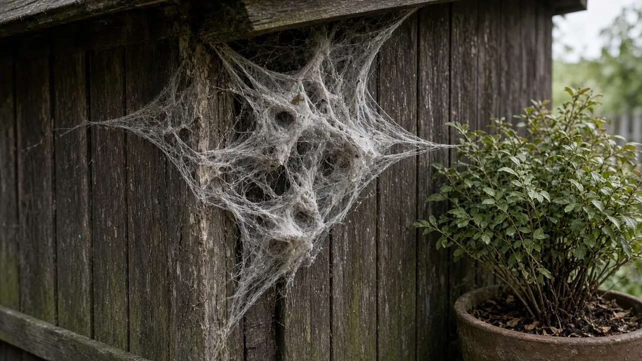 Common house spider and web in a quiet indoor corner