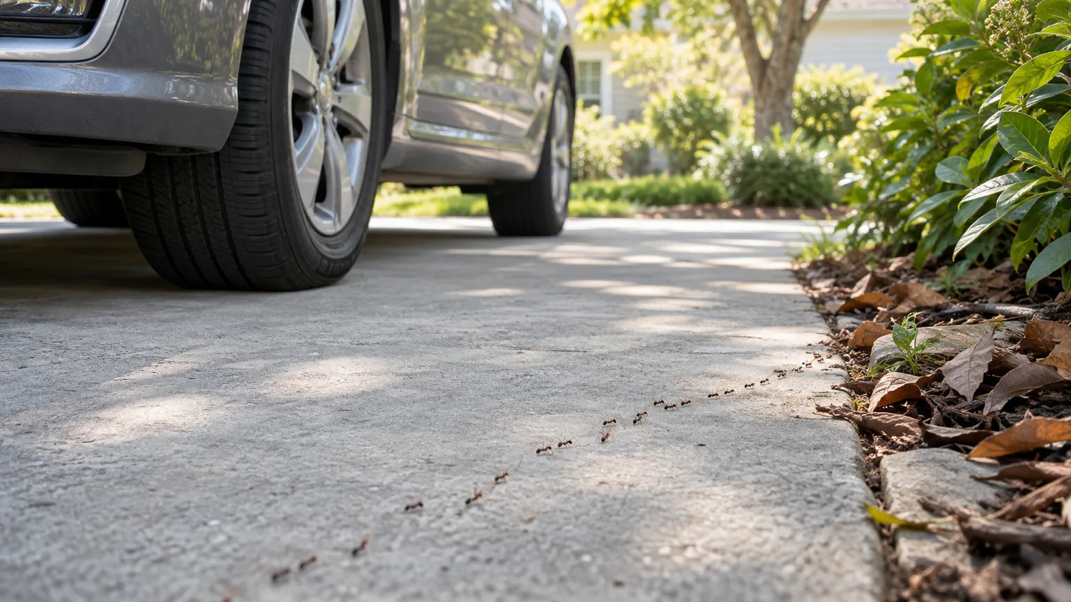 Ant trail leading from a driveway to a garden border beside a parked car