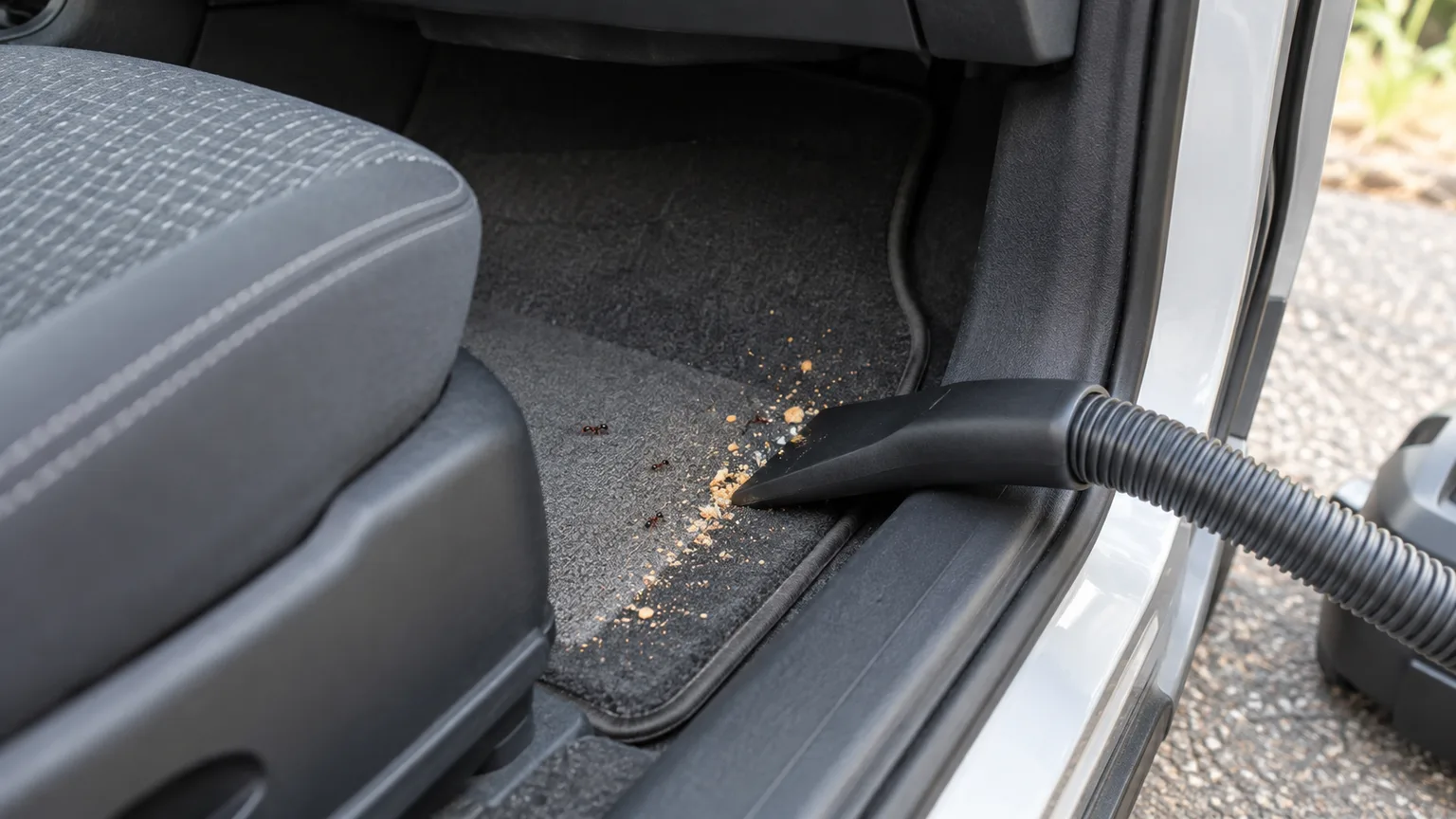 Car vacuum nozzle beside crumbs and ants on a passenger floor mat