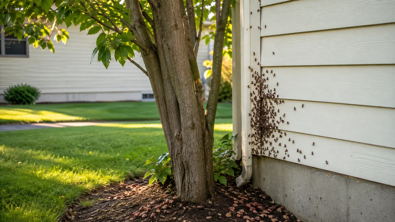 Red-and-black boxelder bugs clustering on a sunny house wall beside a boxelder tree