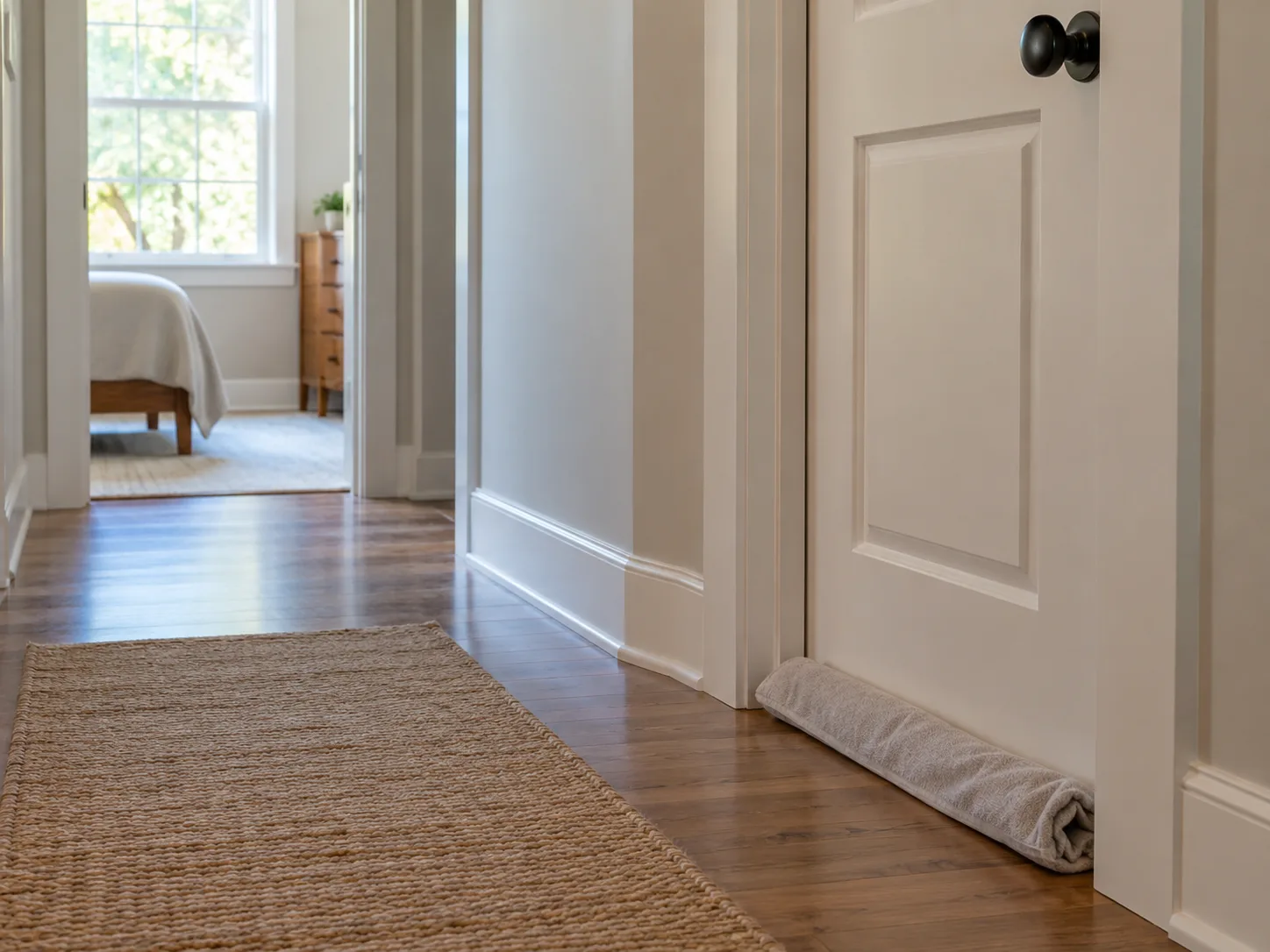 A closed interior door and a towel at the threshold mark a temporary boundary around a room.