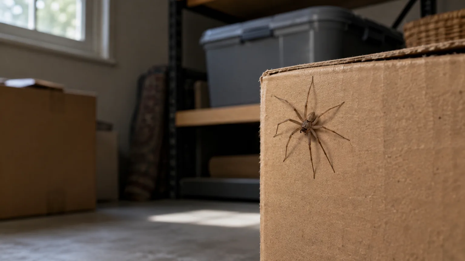 A brown recluse spider on a cardboard box in a home storage area.