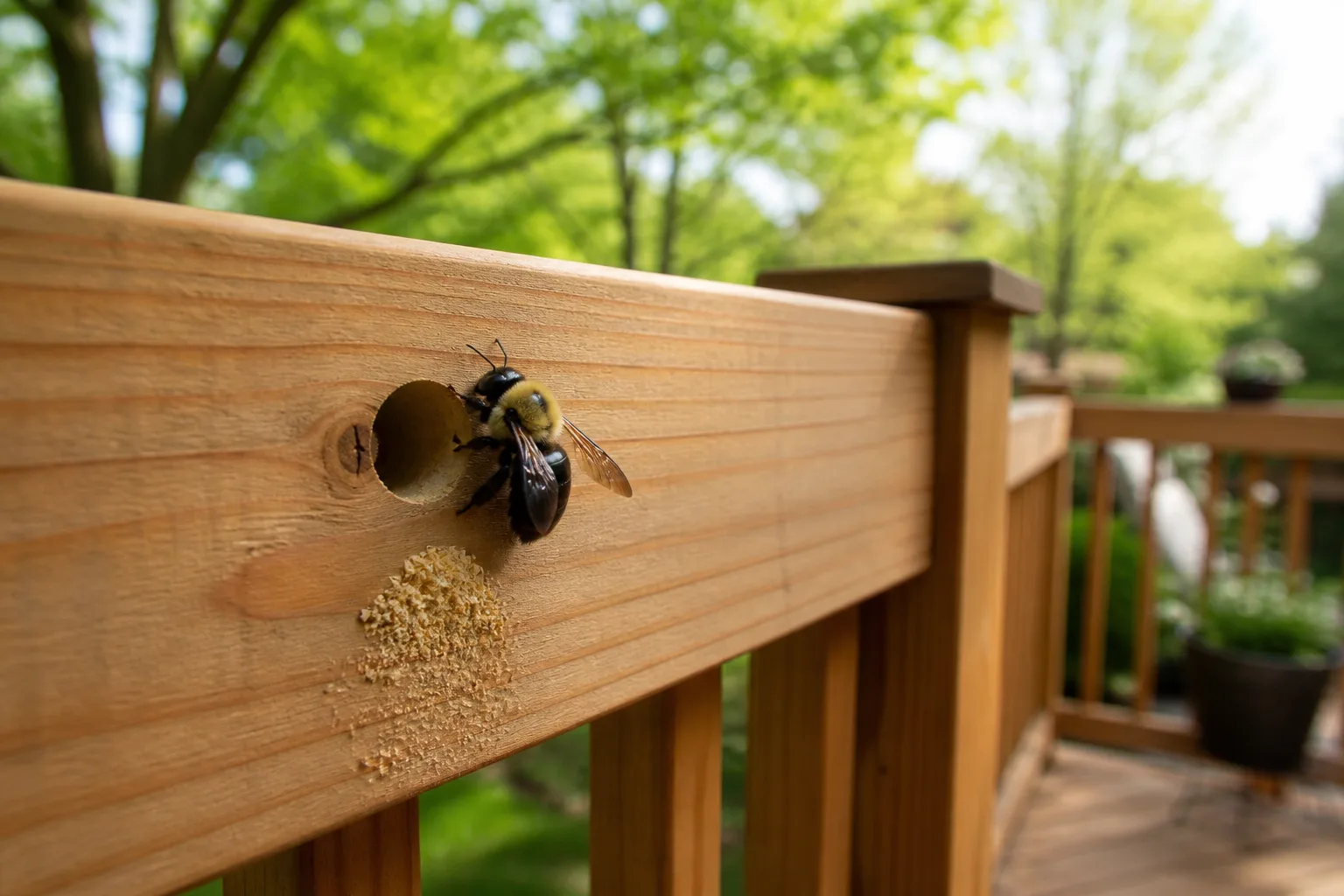 Large carpenter bee with shiny black abdomen perched near a round drill hole in unpainted deck railing with sawdust below