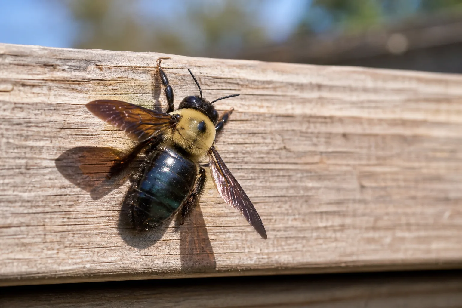 Large carpenter bee with smooth glossy black abdomen on bare unpainted wood fascia board