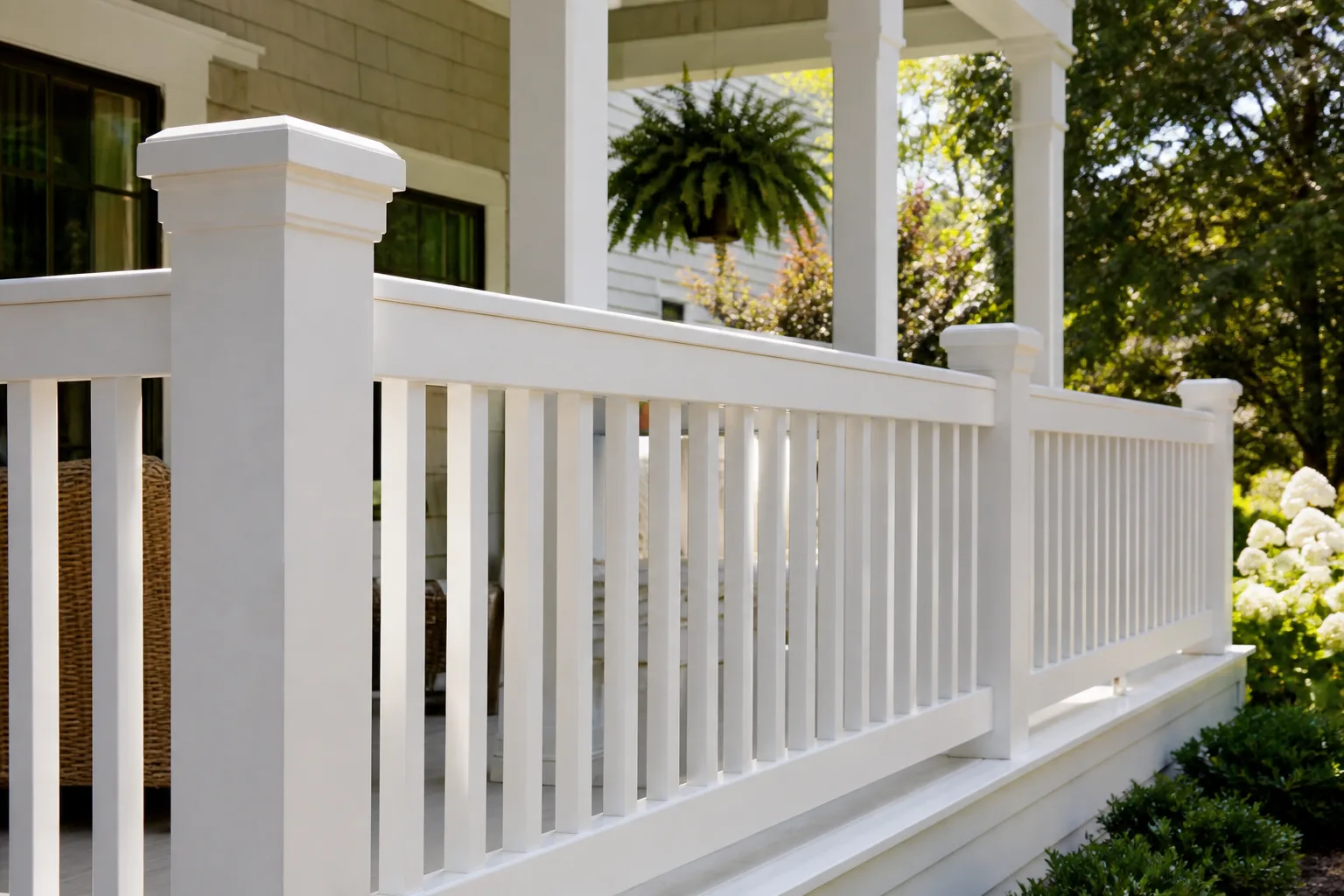 Freshly painted white exterior wooden deck railing and fascia boards in full sun