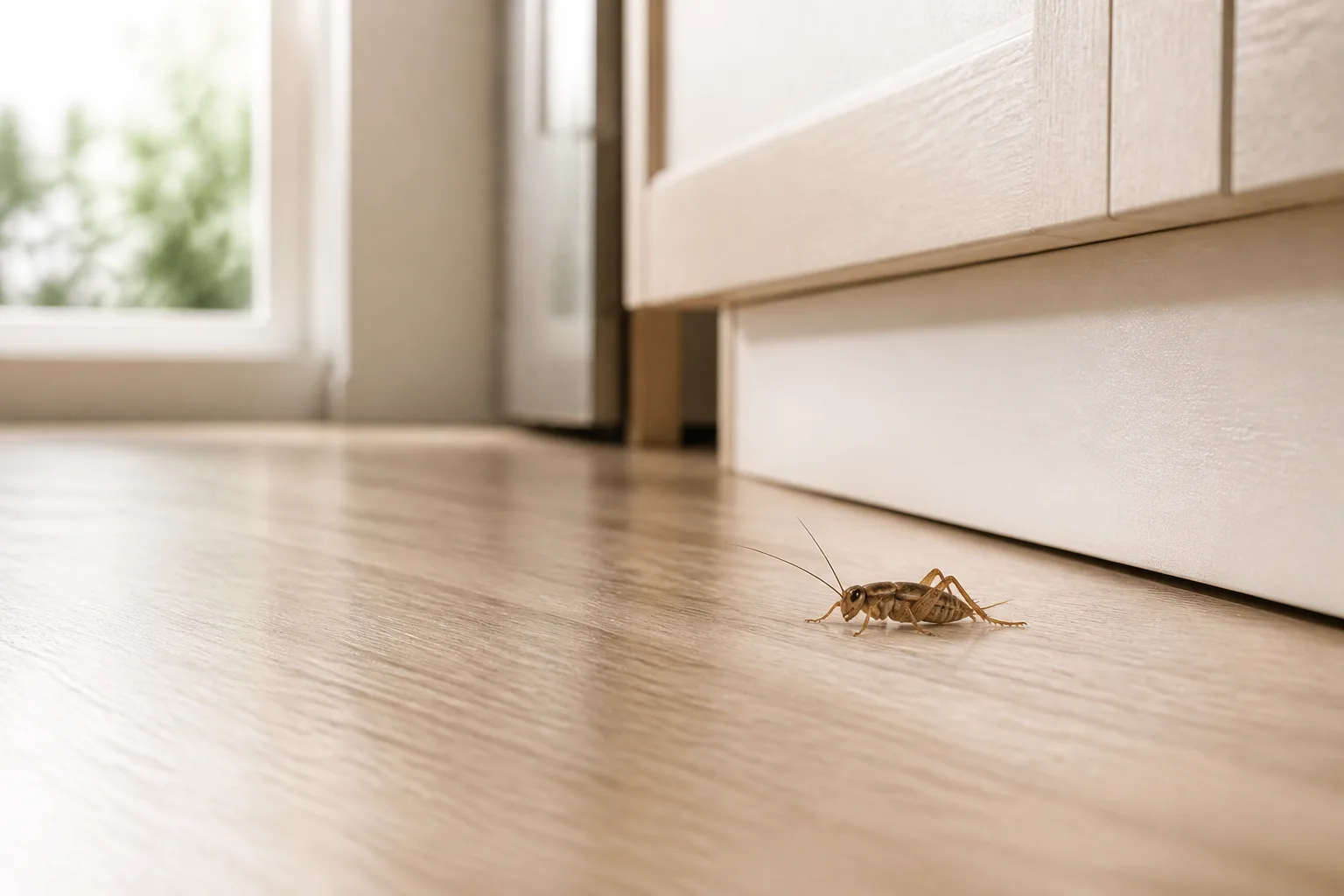 Small brown house cricket on a kitchen floor near a white baseboard in soft daylight