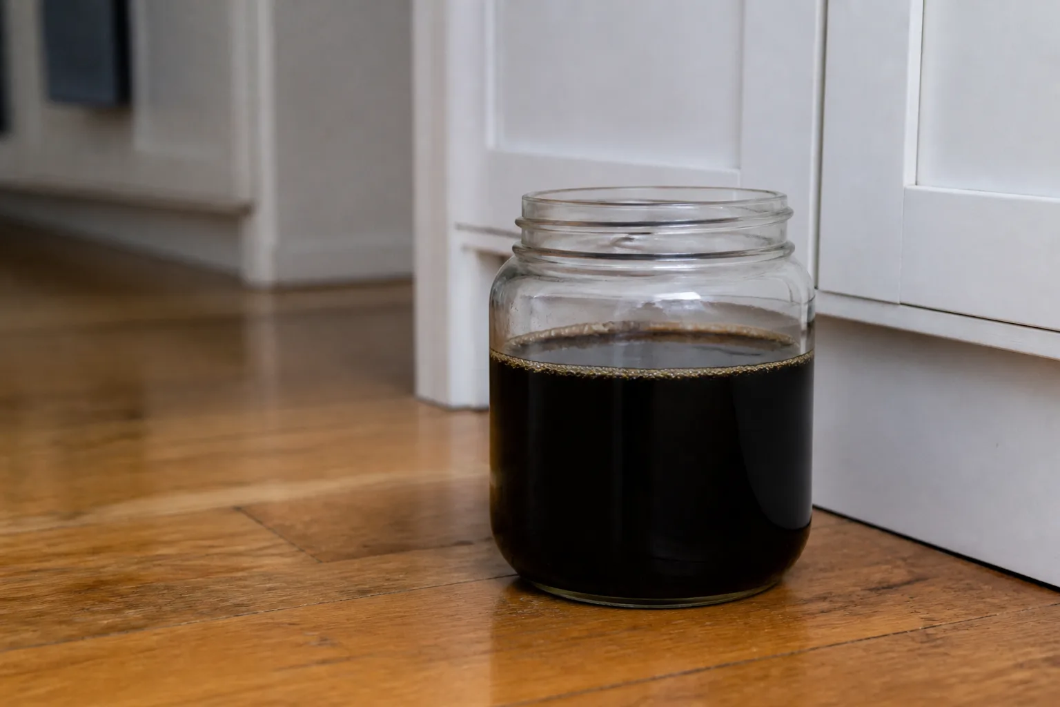 Shallow bowl of sticky molasses-style bait on the floor beneath a lamp for pest trapping