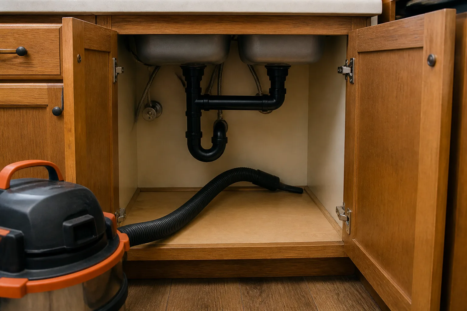 Vacuum hose reaching into the corner of an under-sink kitchen cabinet along the baseboard