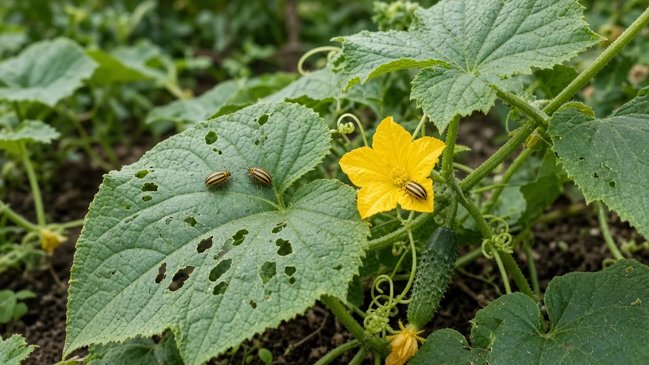 Cucumber plants in a garden bed where cucumber beetles feed on leaves and flowers