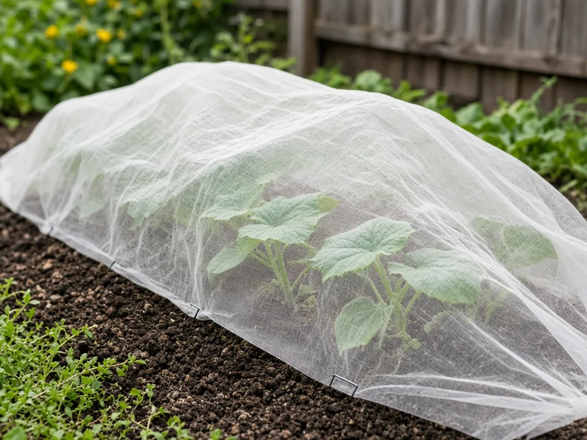 A young cucurbit seedling protected by a floating row cover in a garden bed