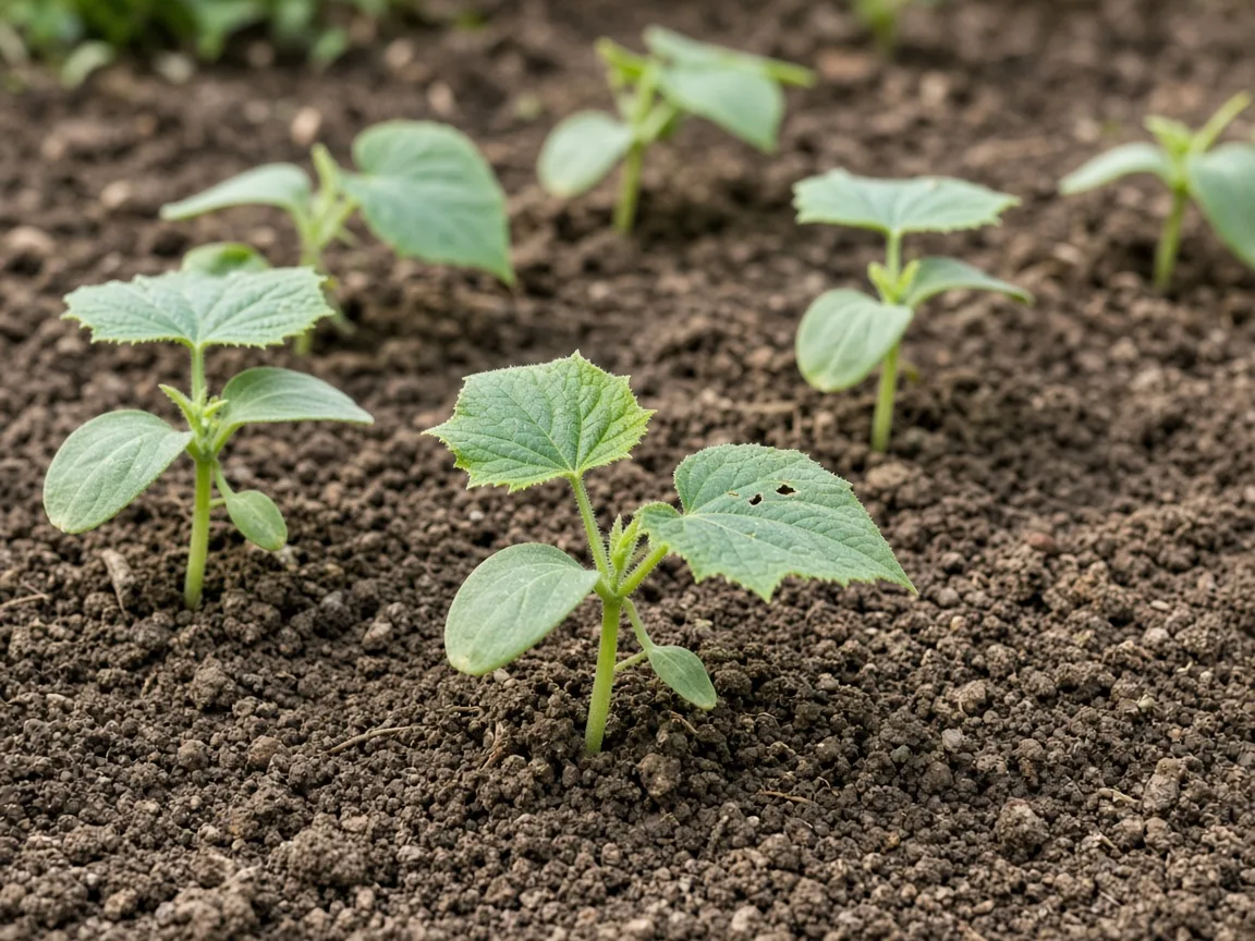A young cucumber seedling at the vulnerable early-growth stage in a garden bed