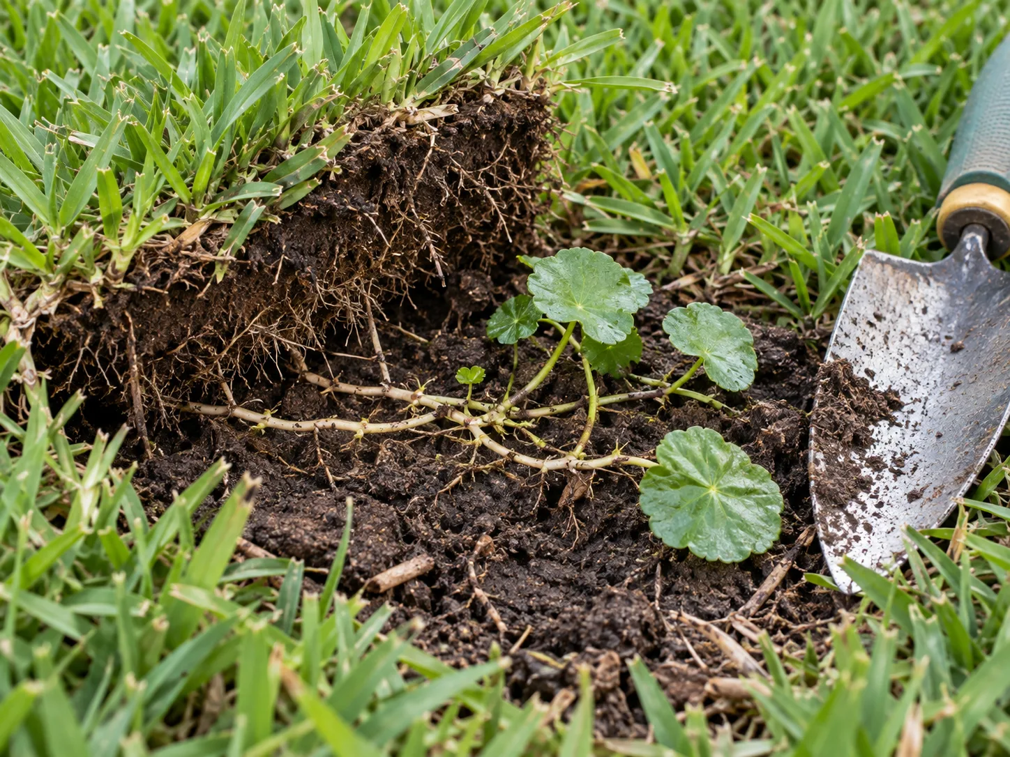 A small dollarweed patch lifted with its shallow rhizomes visible beside a hand trowel
