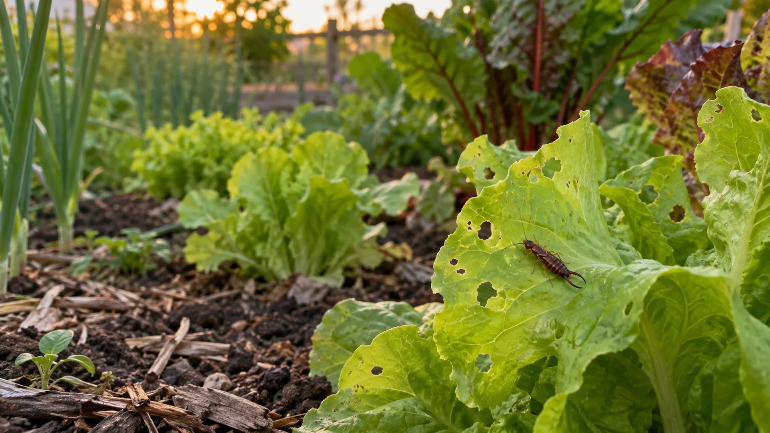 European earwig on a chewed leafy vegetable in an evening garden