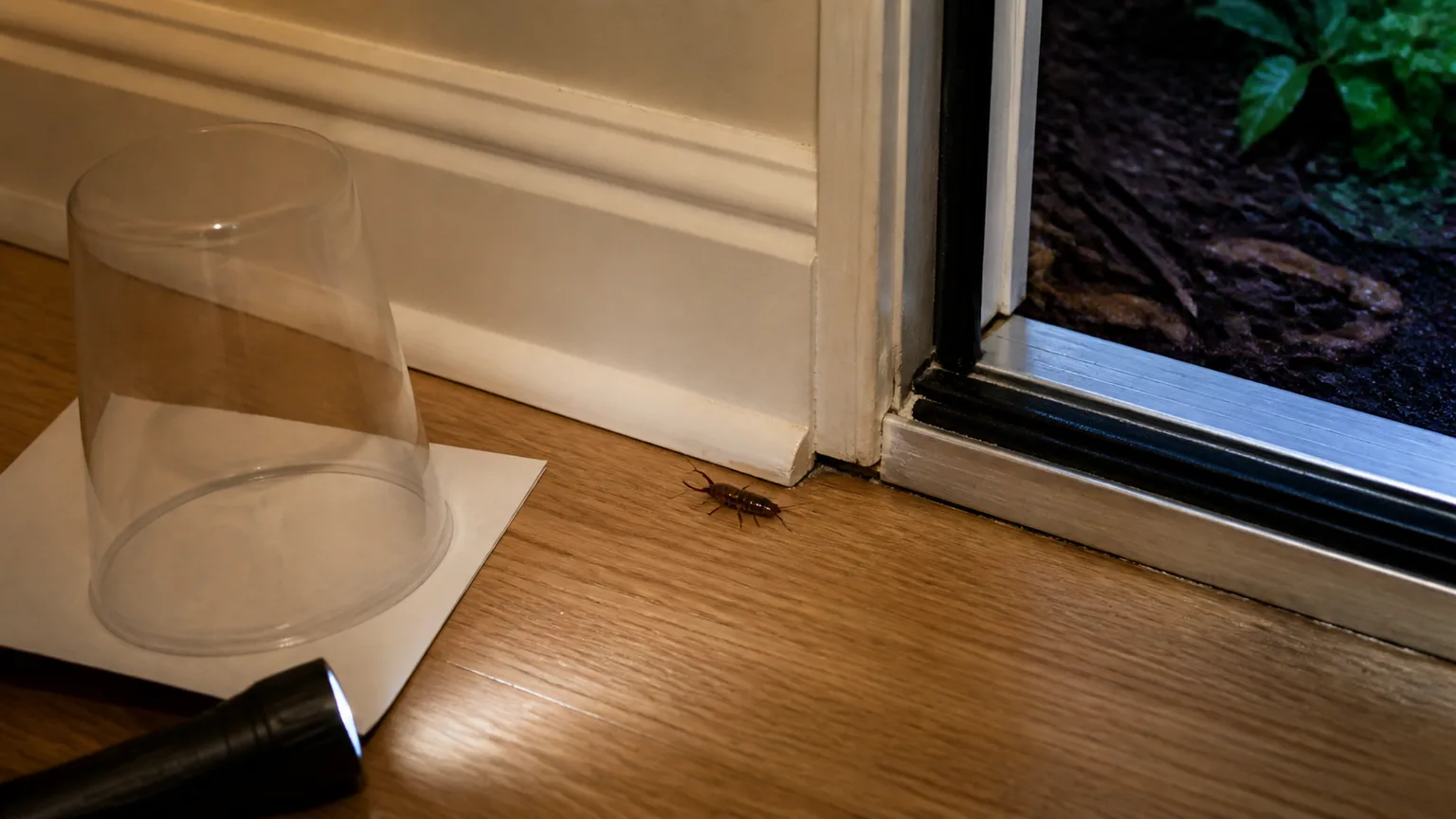 Single earwig near a home doorway during a nighttime inspection