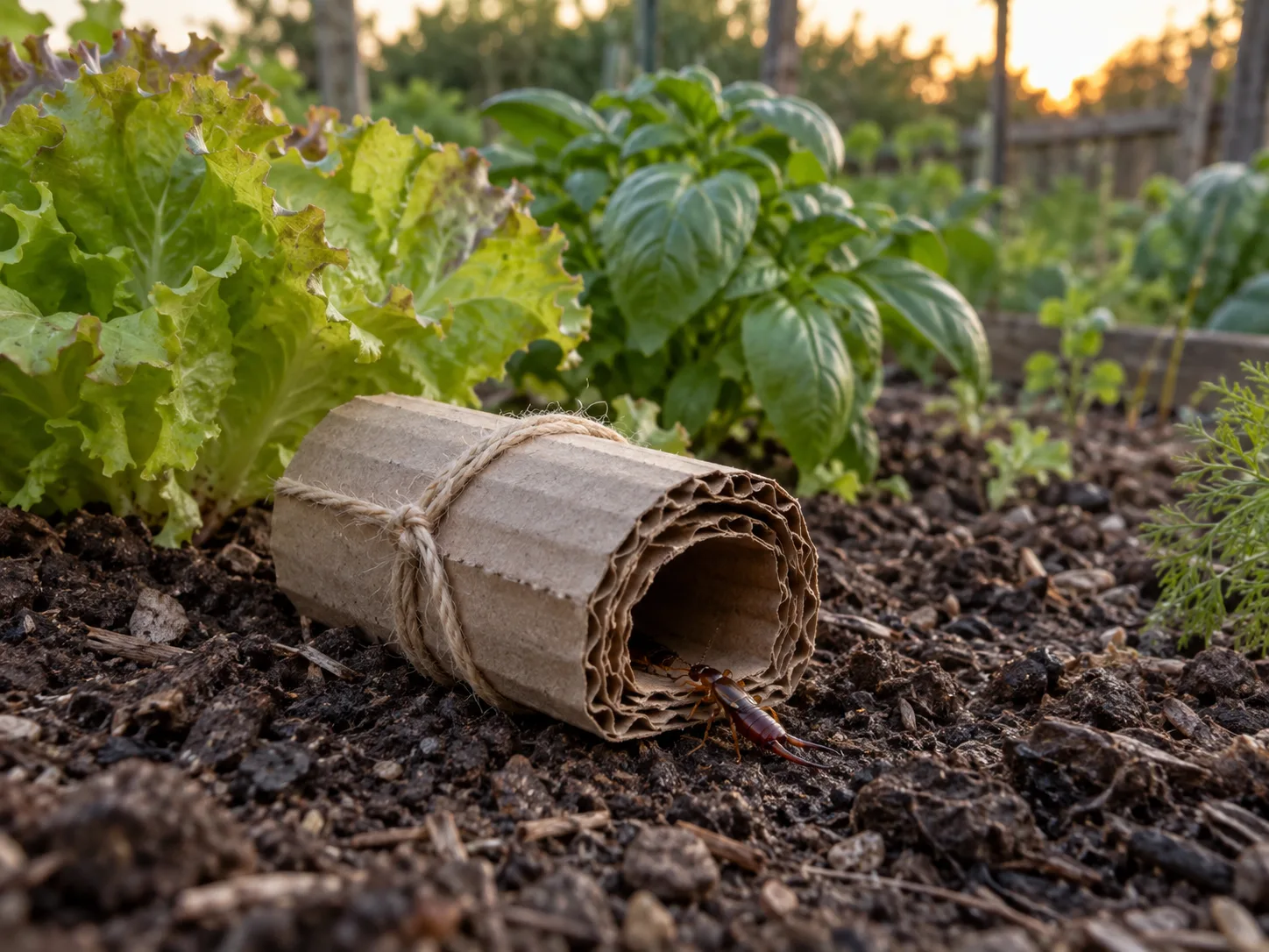 A rolled corrugated-cardboard refuge trap placed beside leafy vegetables, with an earwig entering the sheltered opening.