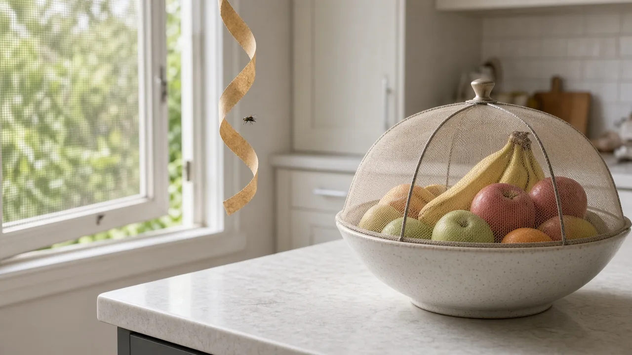 Kitchen counter with a vinegar fly trap and several flies near fresh produce