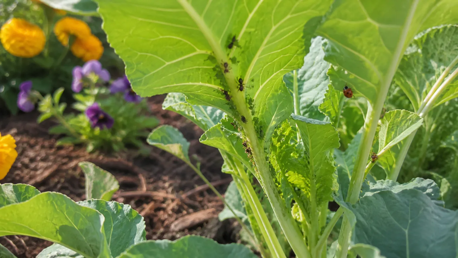 Ants tending aphids on a vegetable stem in a flower-lined garden bed