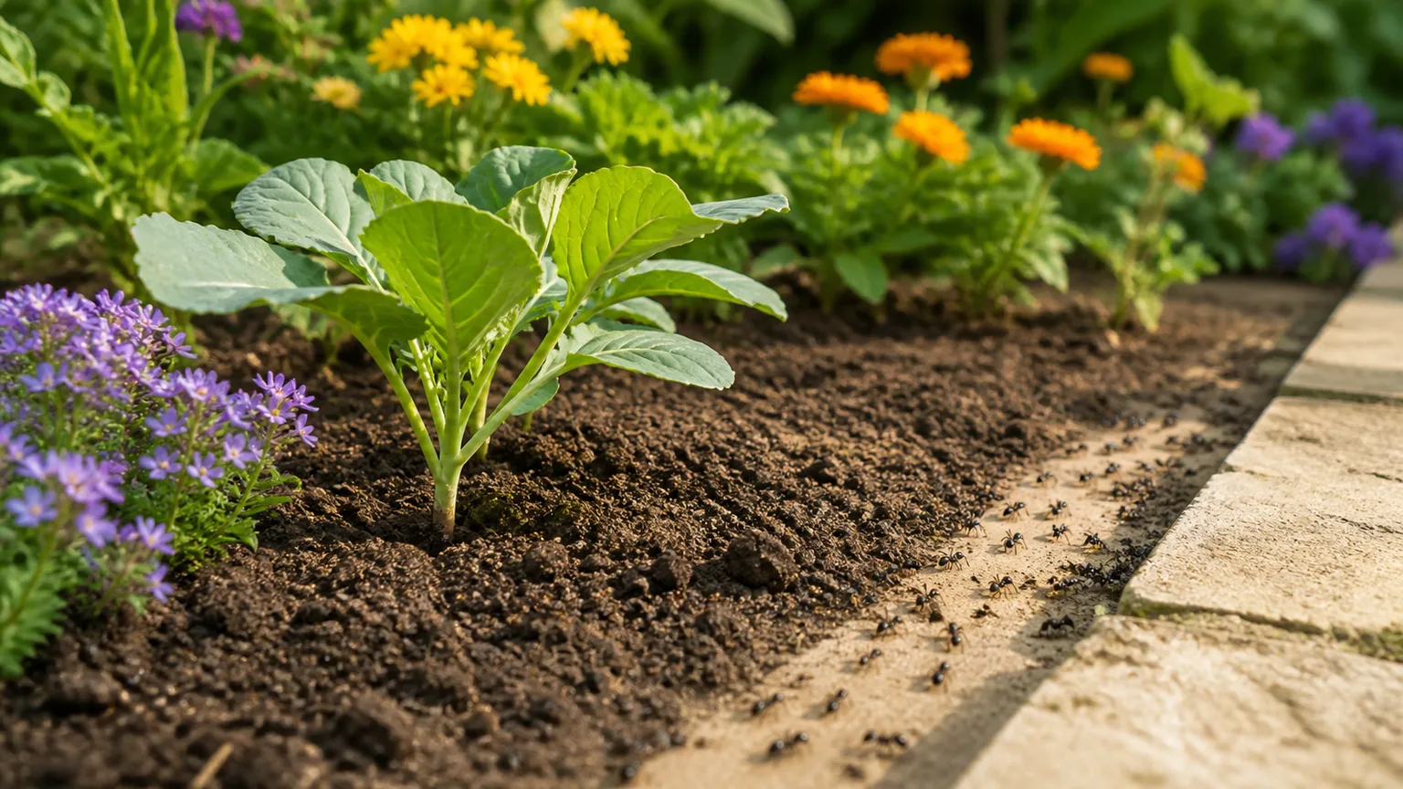 Healthy vegetable and flower bed with ants moving along a garden edge