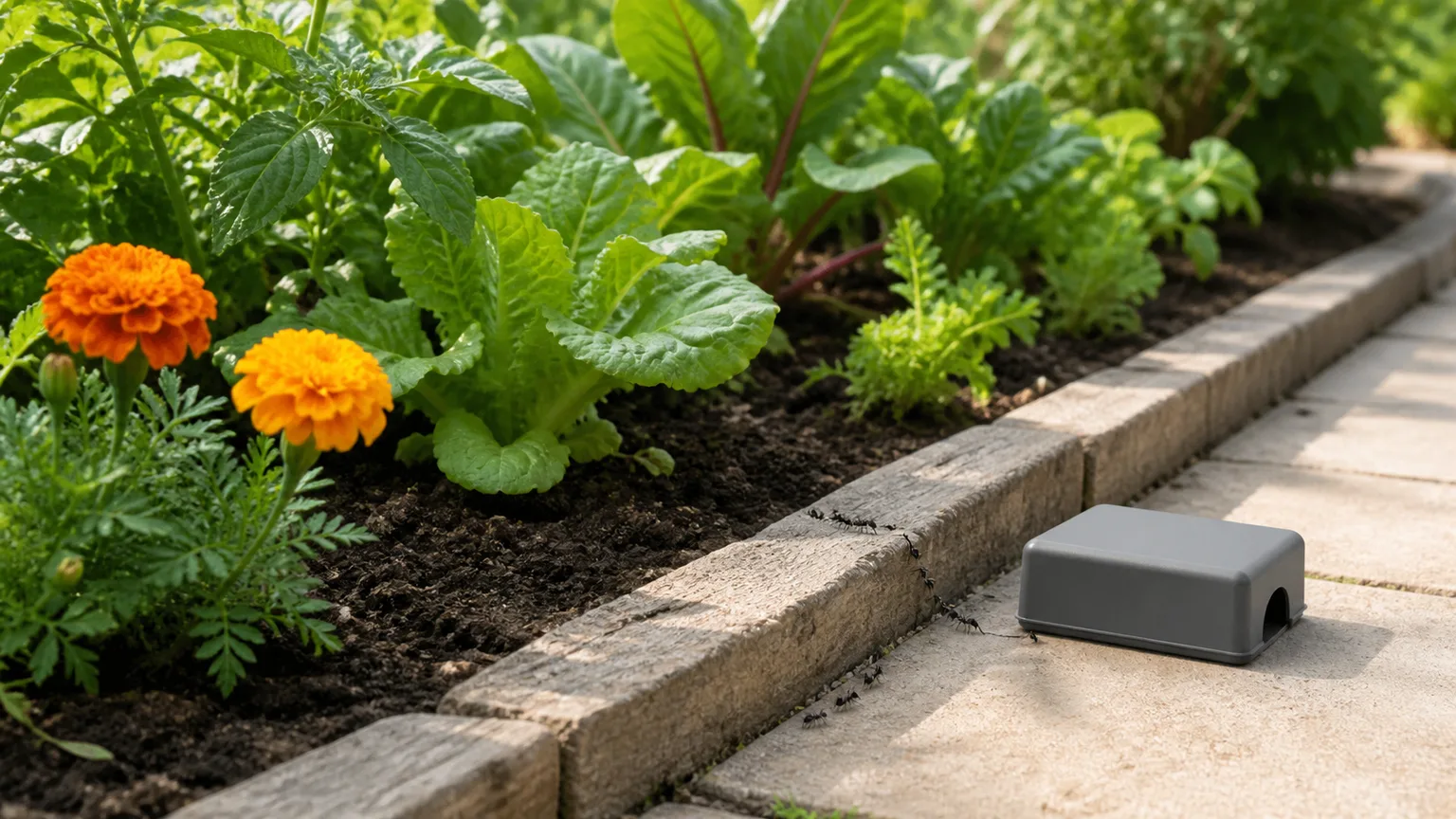 Enclosed ant bait station placed on a garden path beside healthy vegetables and flowers