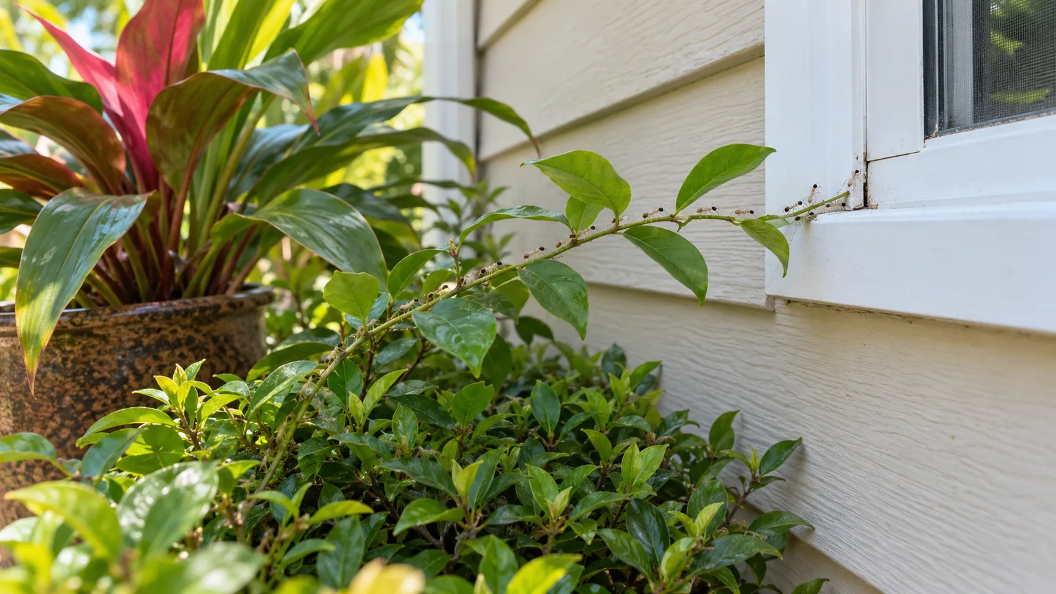 Ghost ants follow an outdoor route along vegetation touching a house wall