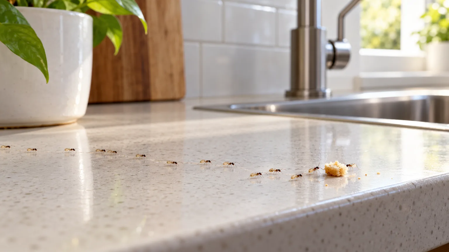 Tiny two-tone ghost ants following a trail toward a crumb on a kitchen counter