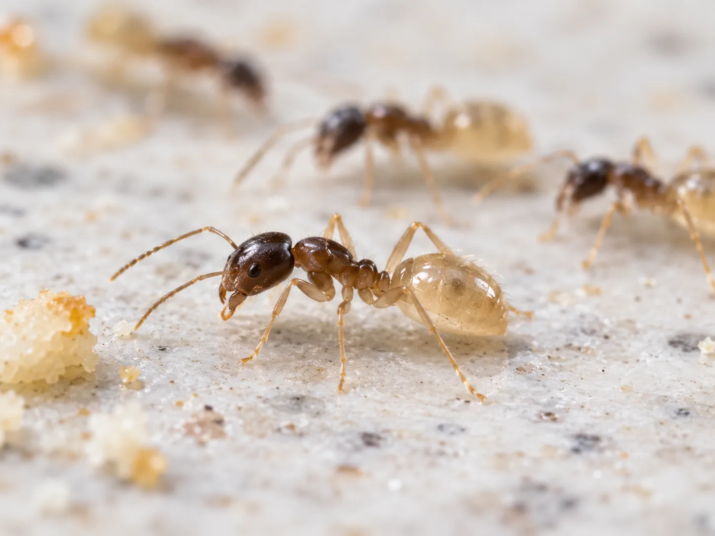 Close view of a ghost ant with a dark head and thorax and pale translucent abdomen and legs