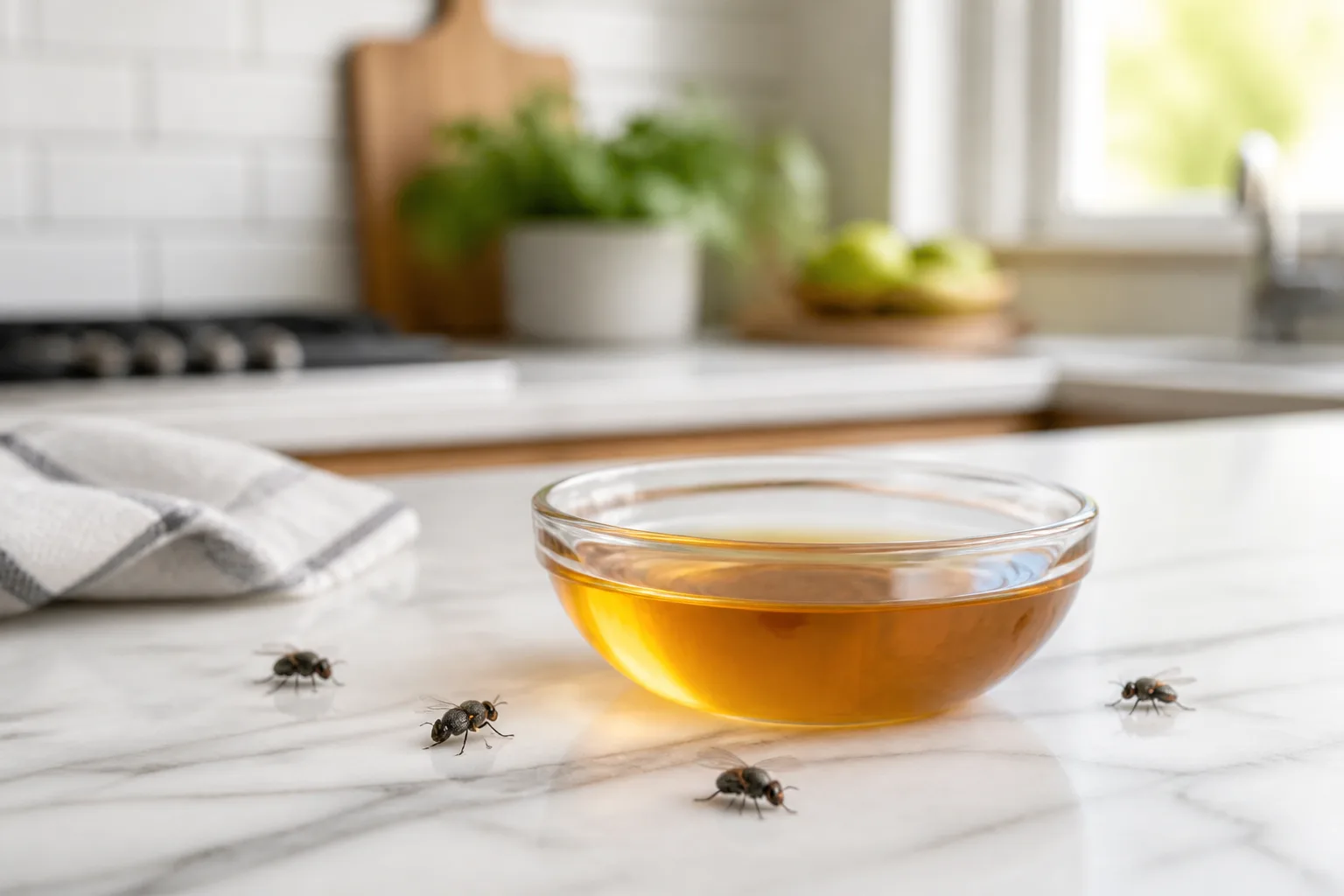 Shallow apple cider vinegar bowl on a bright kitchen counter near gray house flies