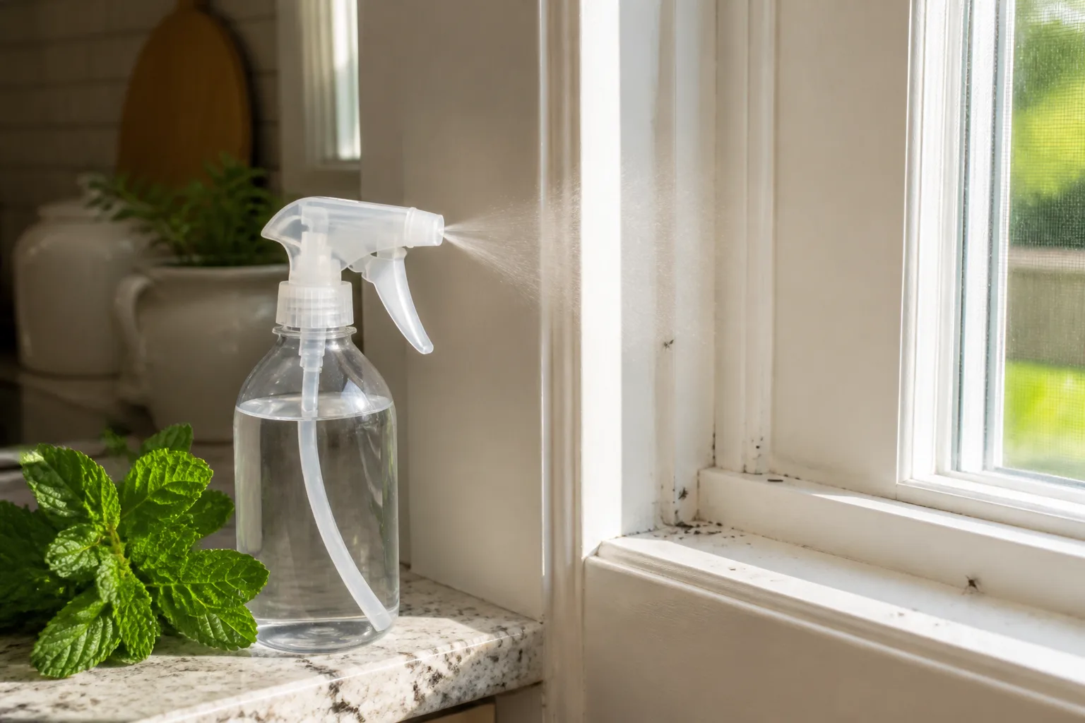 Vinegar spray bottle misting a kitchen door frame as a short-range fly barrier